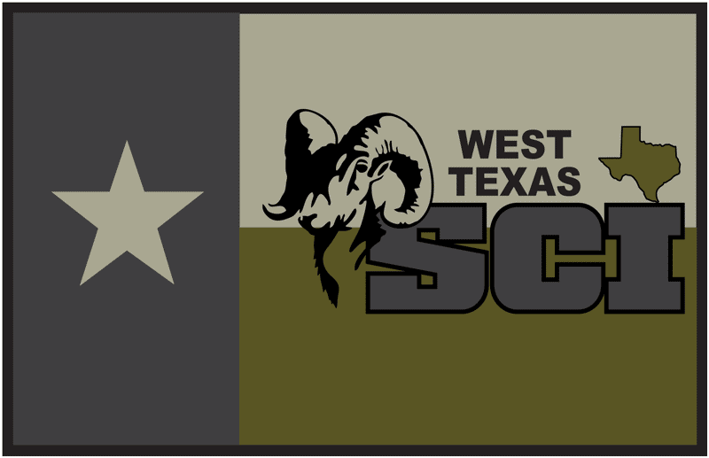 West Texas SCI logo on desaturated Texas flag with bighorn sheep overlay.