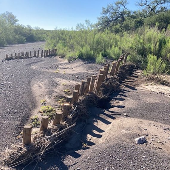 Wooden filter dam in an intermittent creek bed catches debris and sediment (Presidio County)
